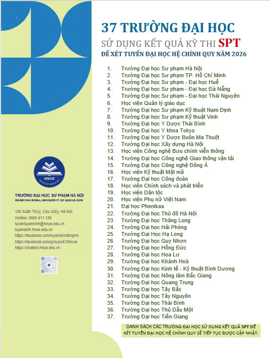 37 TRƯỜNG ĐẠI HỌC SỬ DỤNG KẾT QUẢ KỲ THI SPT ĐỂ XÉT TUYỂN ĐẠI HỌC HỆ CHÍNH QUY NĂM 2026